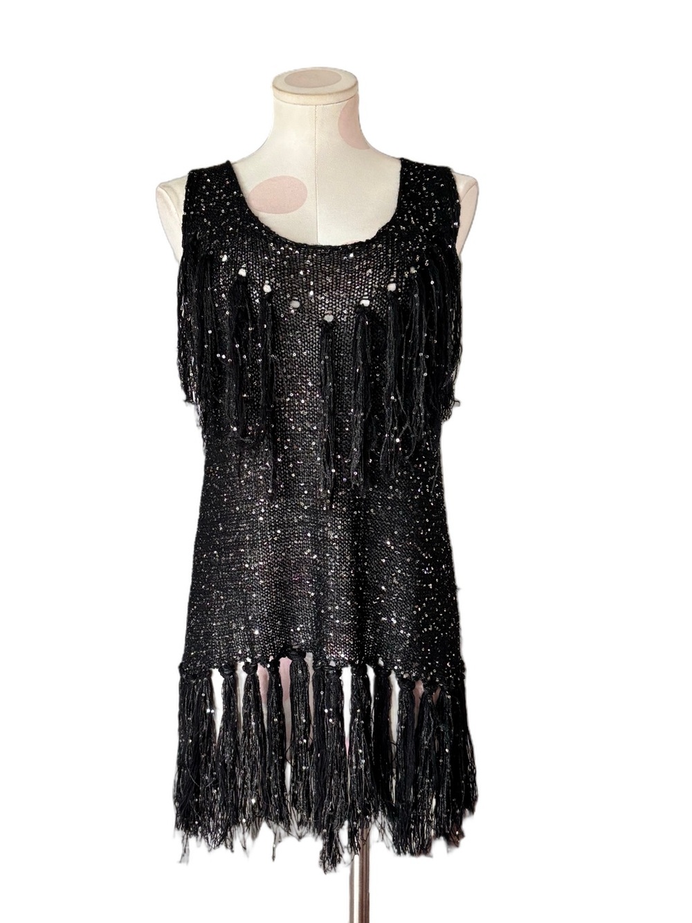 NWT Black Sequin Fringe Tunic Sweater dress Small